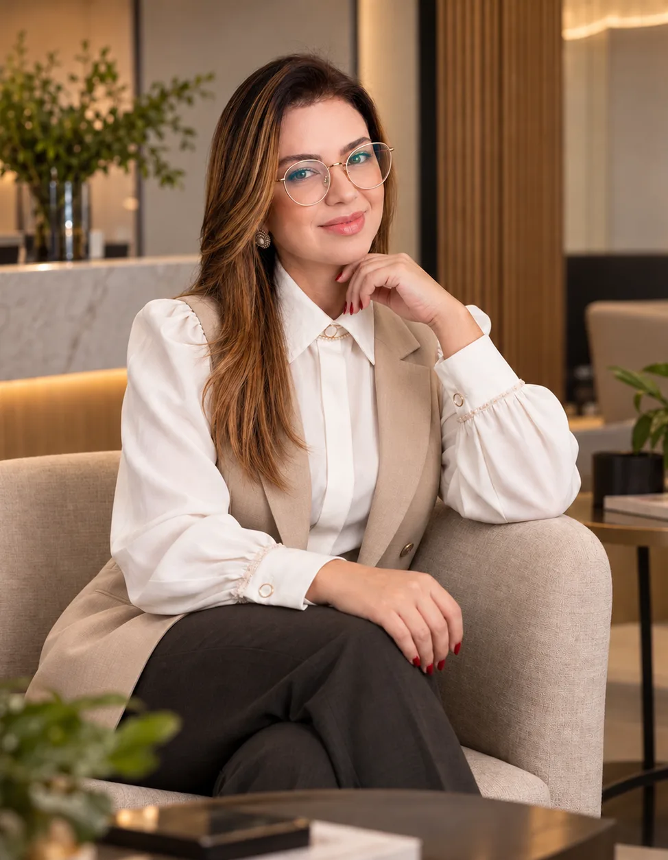 Sissia de Carvalho sentada numa poltrona clara, de óculos, blusa branca e colete bege, com a mão apoiada no queixo.